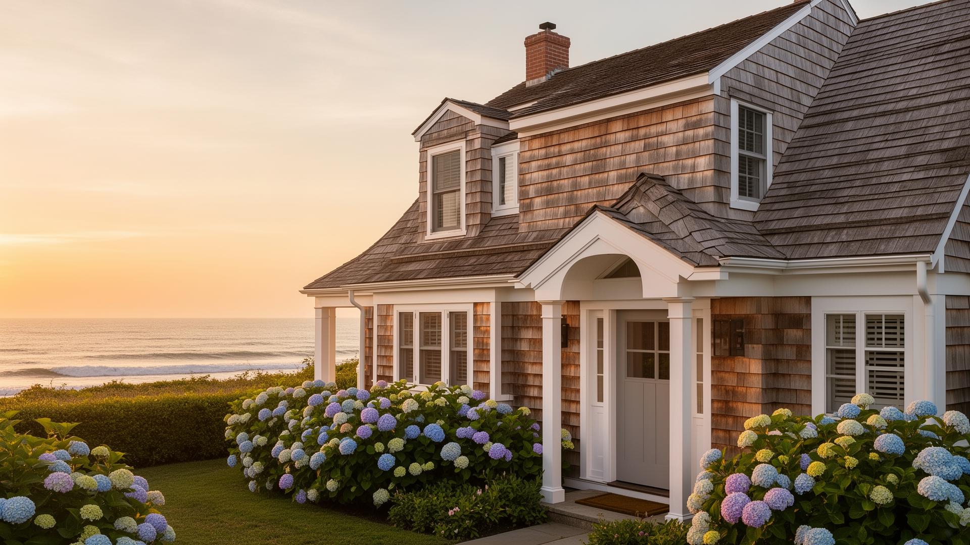 Cape Cod coastal home at golden hour with hydrangeas and ocean view